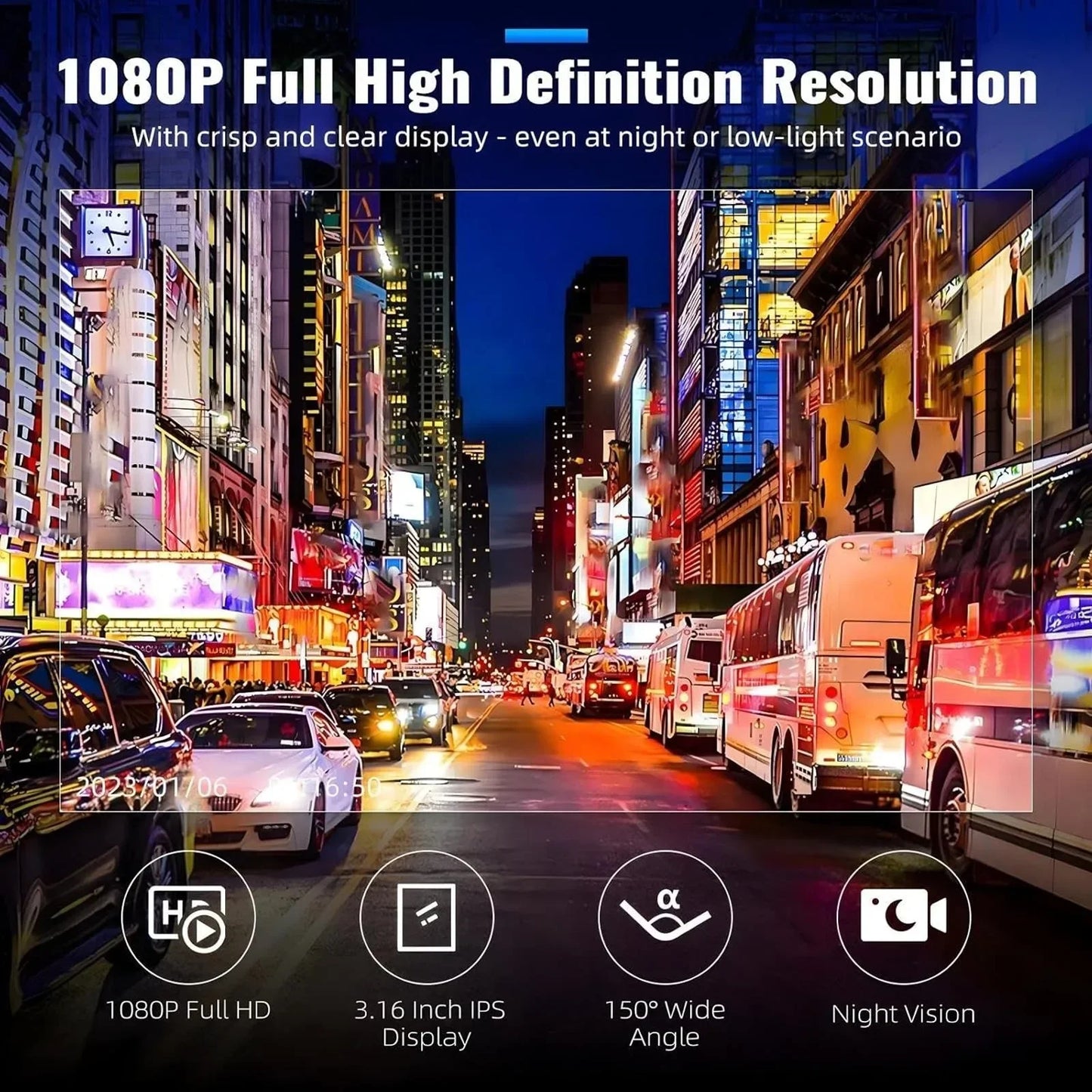 1080P HD Front Rear Dashcam 1 Count Dash Camera for Car,Car Driving Recorder with IR Night-Vision G Sensor 3.16 Inch IPS Screen